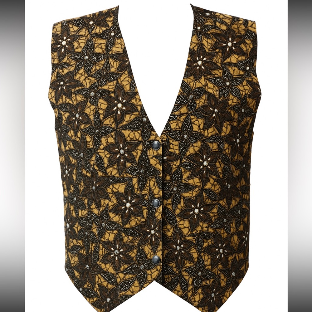 Vtg Dior Petites PM Beaded Batik Vest Black & Gold ornate Floral design medium